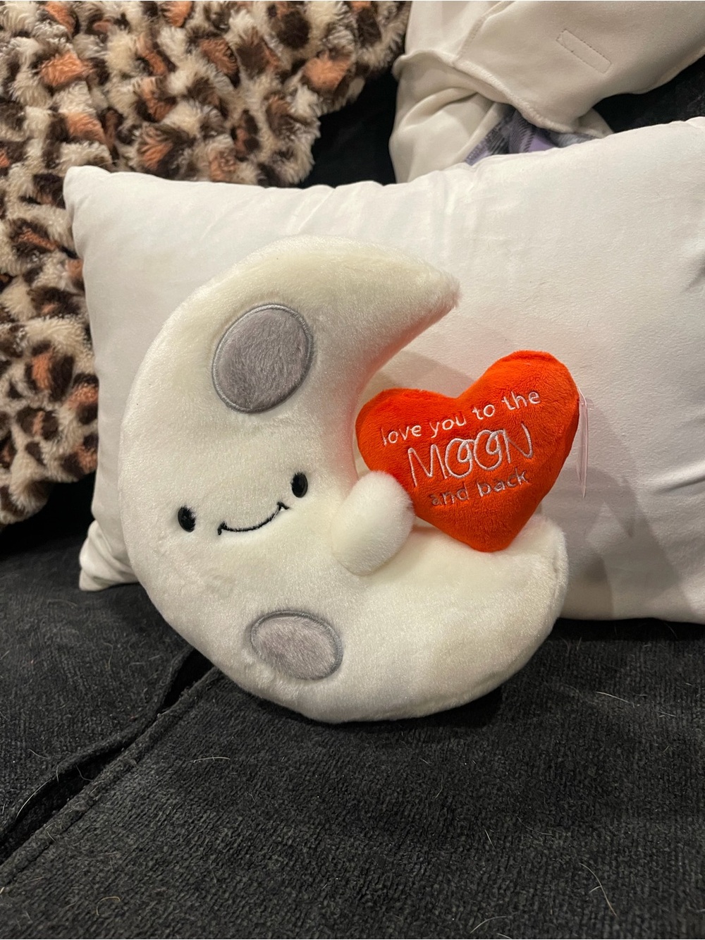 Plush Moon Pillow with Red Heart - 'Love You to the Moon'
